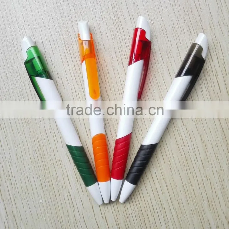 Plastic white barrel ballpen with colored grip
