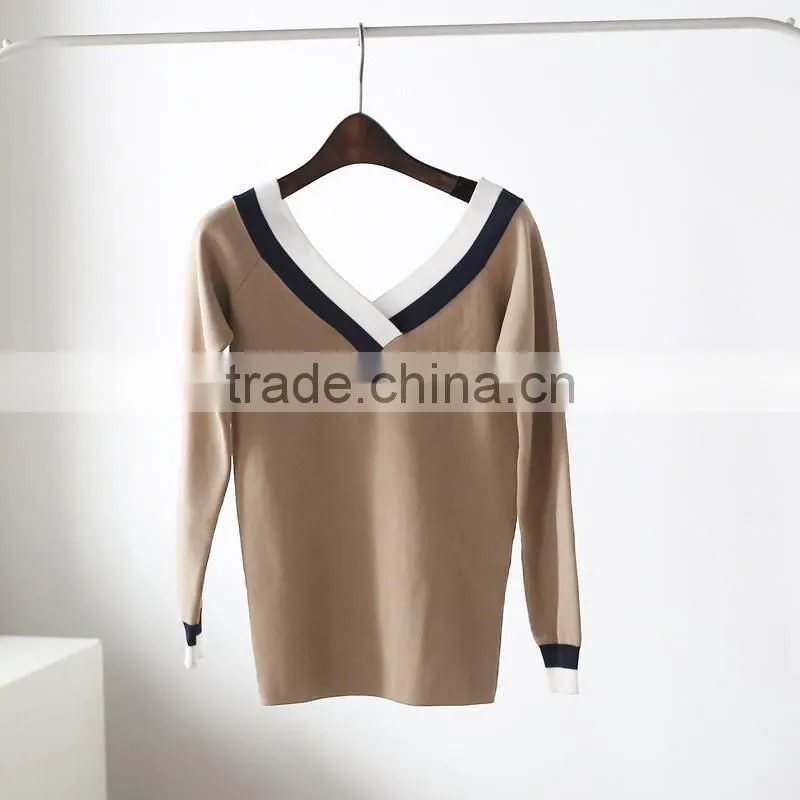2017 fashion woman sweater V-neck loose pullover sweater cheap woman sweater