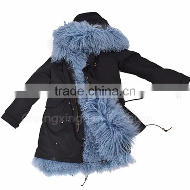 CX-G-P-15 Real Mongolian Lamb Fur Lining Fur Parka Coat for Women