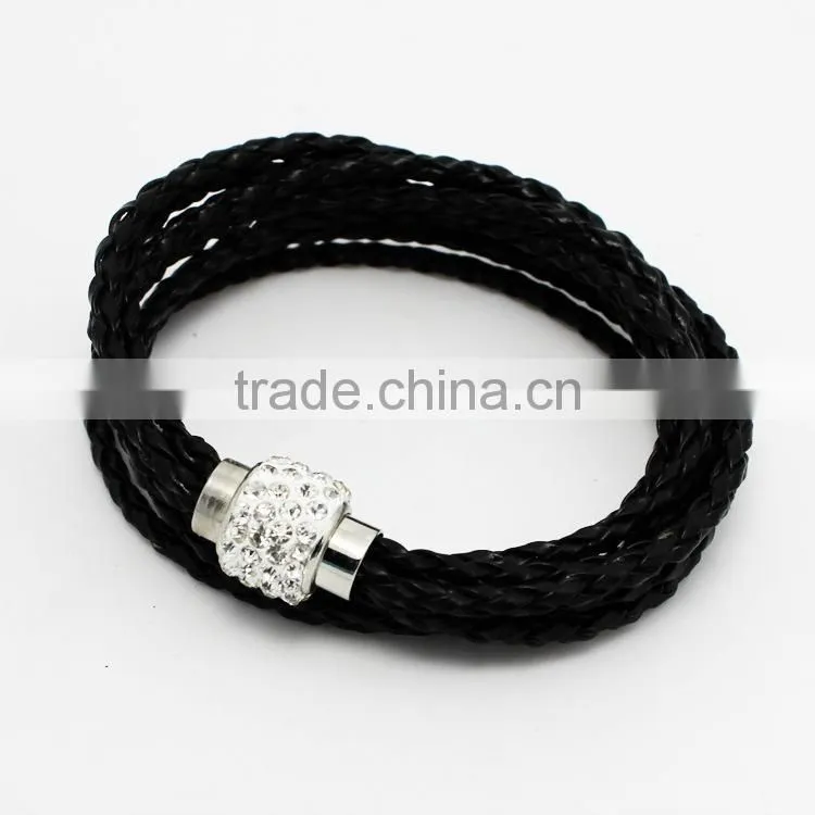 Leather Wrap Wristband Cuff Punk Magnetic Rhinestone Buckle Bracelet Bangle