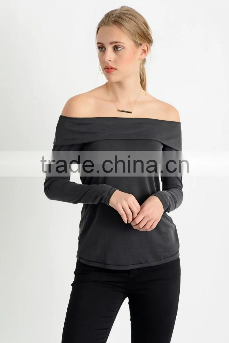 Custom Womens Off-shoulder cotton jersey T-Shirts,long sleeve Black Plain Pure T-shirts for women