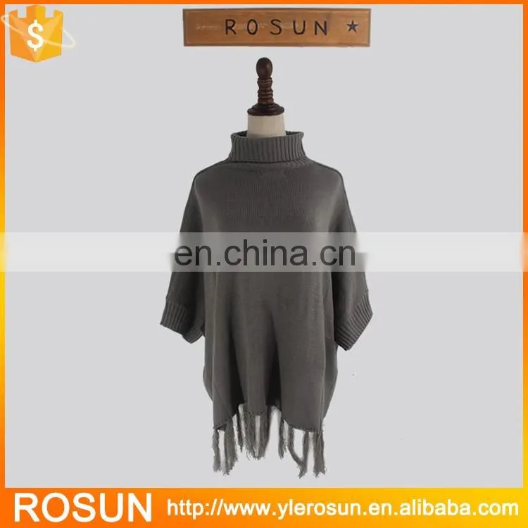Ladies Trendy Crochet Fringe Poncho In Grey