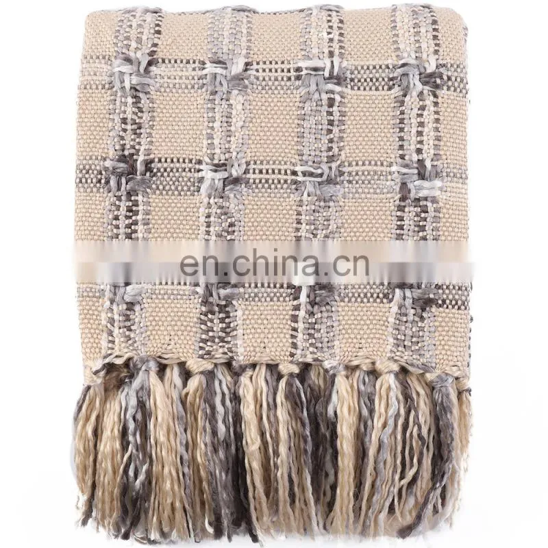 100%Acrylic Thick Beige Woven Check Pattern South Korean Style Blanket