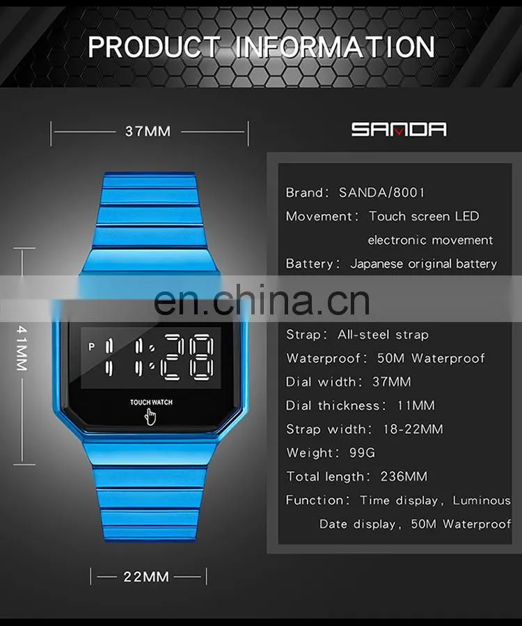 Sanda 8001 Luxury Touch Screen LED Wristwatch for Men Luminous Waterproof Steel Digital Watches