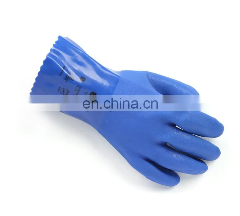 Long Cuff Heavy Duty Cotton Lining Blue PVC Rubber Fully Coated Liquid Chemical Resistant Work Gloves