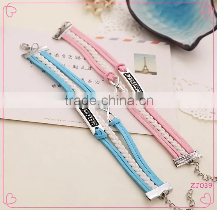 antique silver best friend alloy charm multi strand braided leather cord bracelet