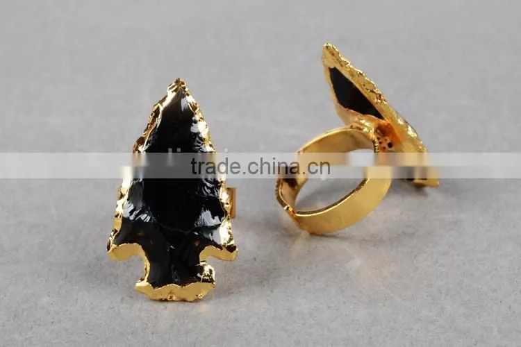 Natural rough black obsidian stone arrowhead ring jewelry