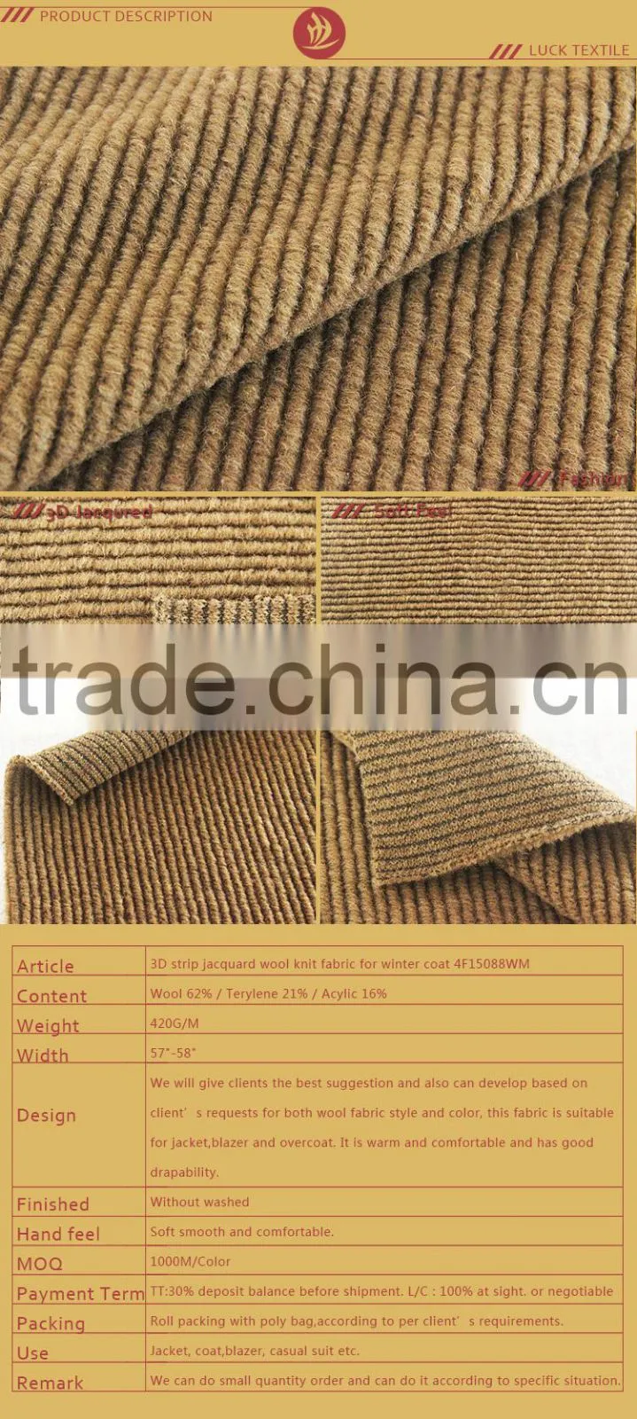 3D strip jacquard wool knit fabric for winter coat