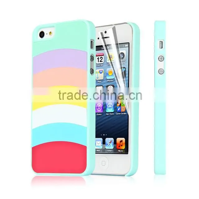 Set Screen Protector And Case For Iphone 5 , Hard Plastic Pink Colorful Stripes Custom Case