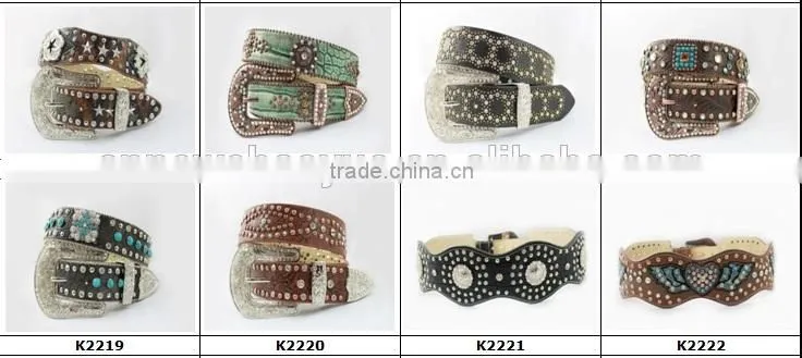 2016 New Design Western rhinestone leather belt with crystals circle chains and studs embedded