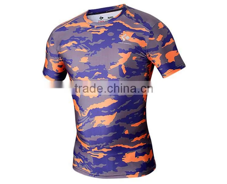 Crew neck sublimation camouflage t-shirt fitness compression sports camo t shirt