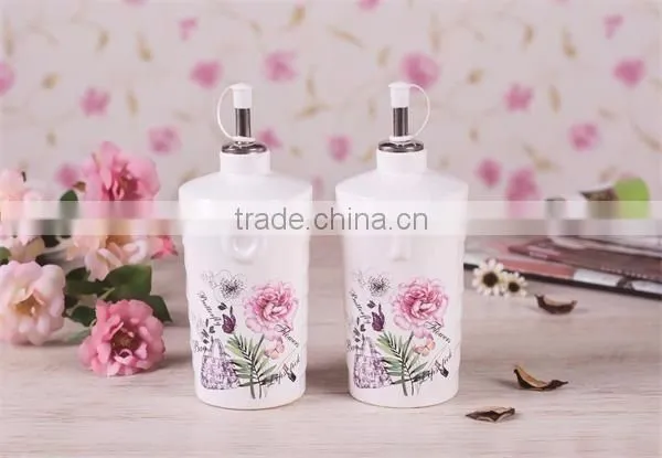 Elegant Flower Decal Ceramic Oil and Vinegar Bottles Set for Kitchen