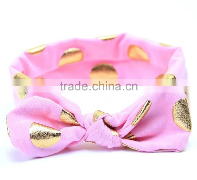 New arrival baby head band knot headband baby headwears / gold foil dot bunny ear head wraps hat
