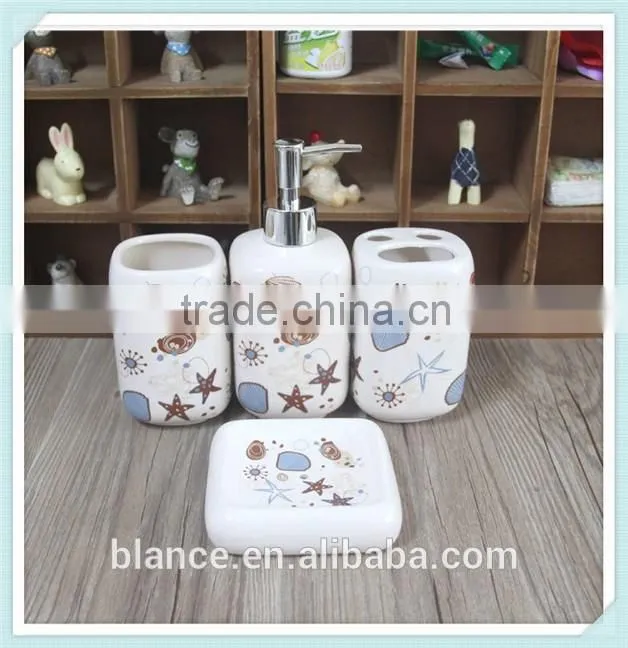 mediterranean style ceramic 4 pieces of bathroom accessories set with marine life design