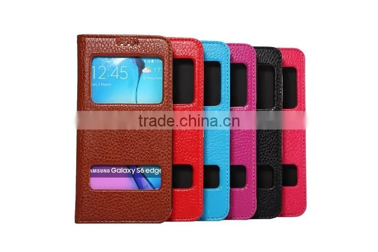 Genuine Leather Cover Window Display Stand Phone Flip Case For Samsung Galaxy S6 Edge