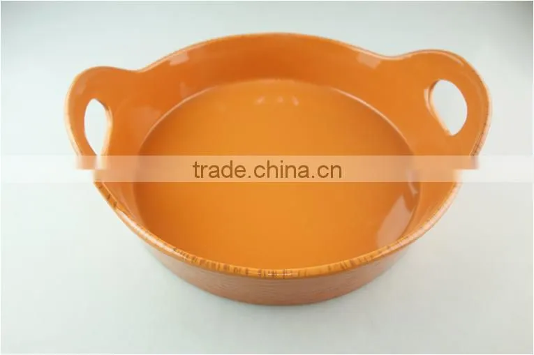 stocklot orange glaze ceramic round bakeware with handles