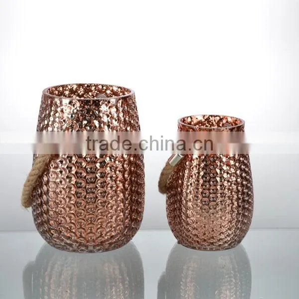2-tier rose gold short staight cylindrical glass hurricane with hemp rope decal