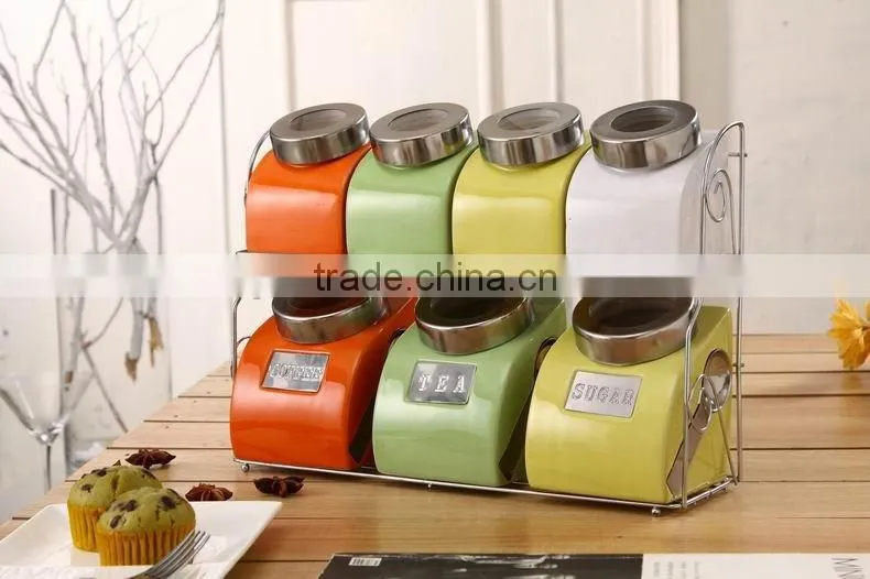 export to turkey colourful ceramic porcelain canister set,ceramic canister,storage jar,ceramic jarwith spoon & bamboo stand