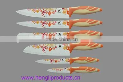color non-stick coated blade kitchen knife set with acylic stand