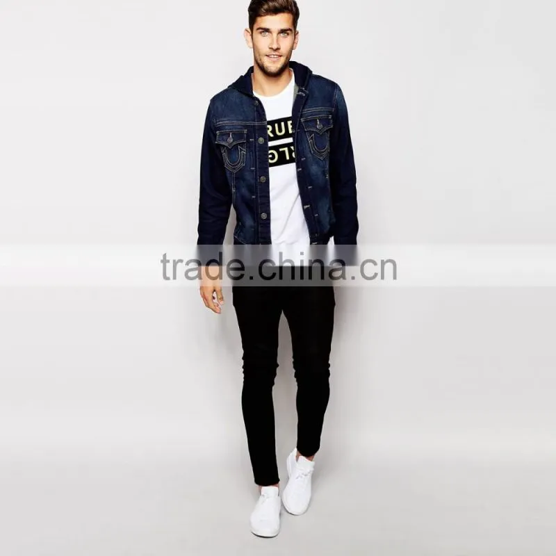 2016 new fashion denim hoody jacket for men customized design