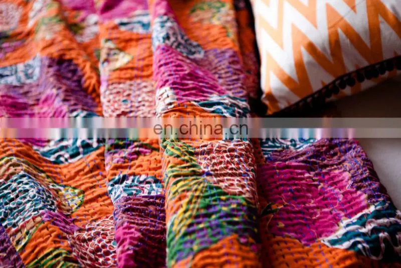 Tropical Kantha Quilt Indian Tropicana Kantha Bedcover Indian Fruit Print Kantha Bedspred