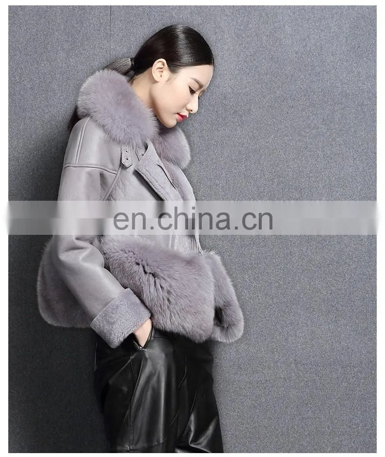 Korean Style High Quality Clothing Winter Women Leather Jacket with Fox Fur Collar