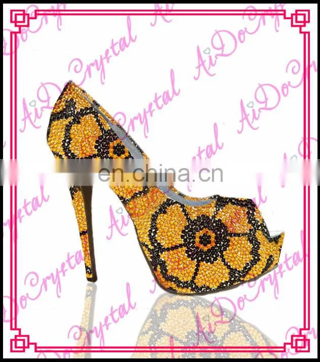 Aidocrystal handmade shining yellow with black flower pattern high heel shoes for ladies evening party peep toe