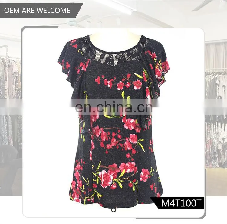One piece two color Floral Lurex Mesh Print Irregular sleeve casual blouse for middle age woman