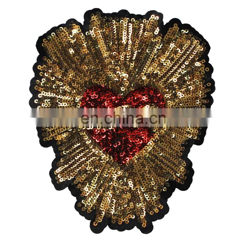 Fashion Beaded Red Gold Sequin Heart Pattern Embroidery Patches
