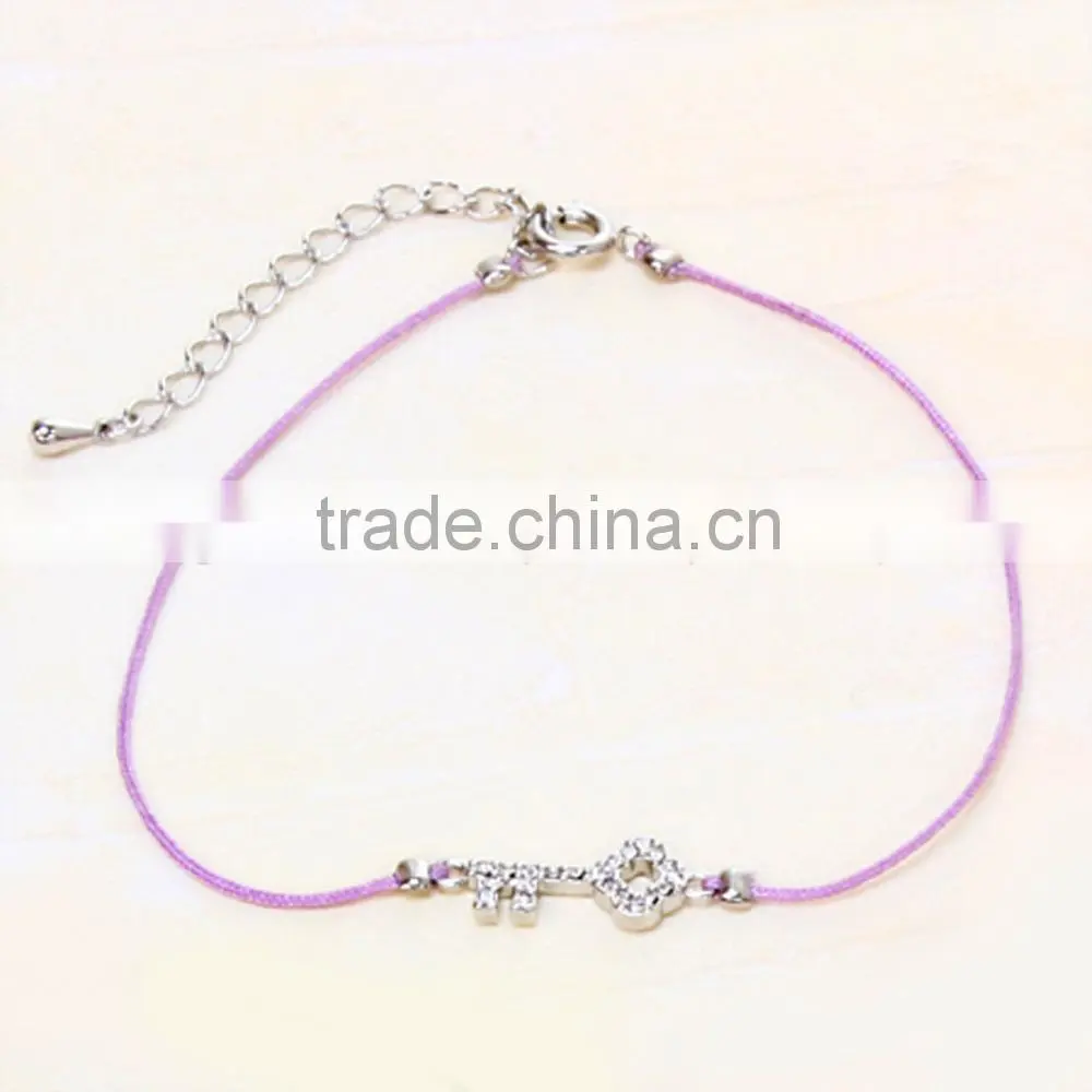 Handmade purple wax cord woven bracelet with diamond key charm bracelet for girls
