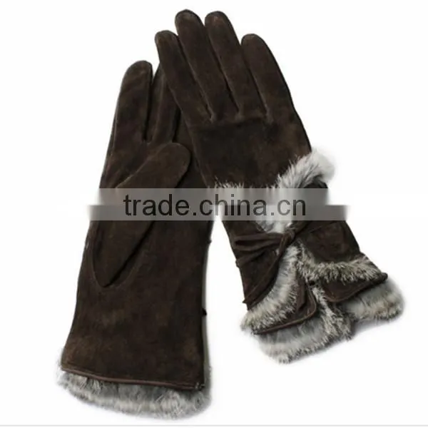 Women pigsplit warm winter leather gloves with rabbit fur
