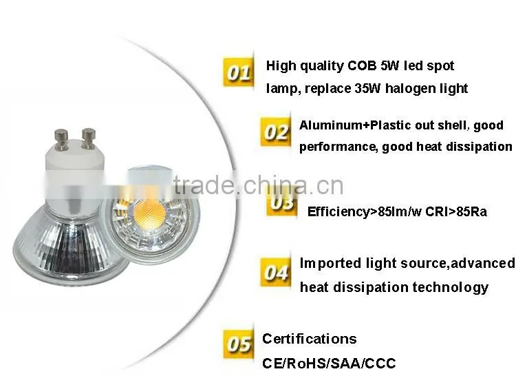Gu10 led spot lamp cob 185-260v input voltage 5w quartz glass cob spotlight with ce rohs