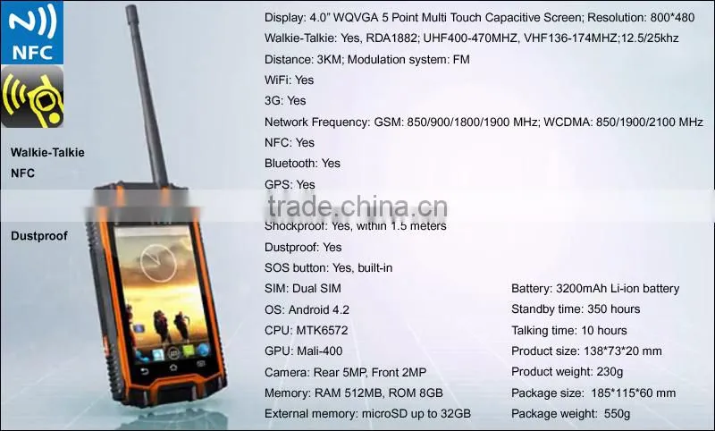 Three anti China mobile phone with Walkie-talkie Waterproof Shockproof Dustproof GPS Android 4.4.2 ip67