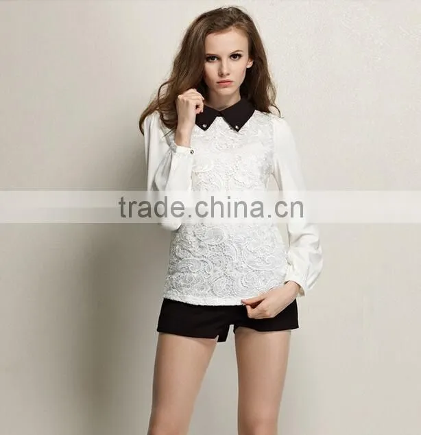 New Fashion Long Sleeve White Elegant Blouse in Lace
