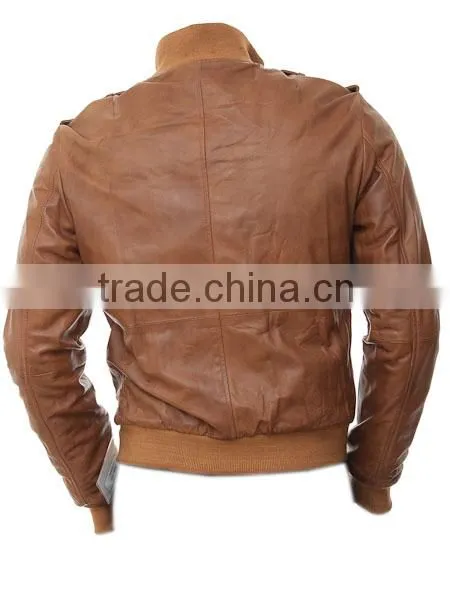 men's Tan Leather Collar Bomber Jacket