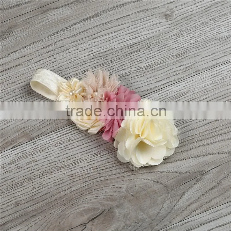 Special Yellow And Pink Flower Headband With Beads Center Chiffon Satin Flower Elastic Hairband For Kids
