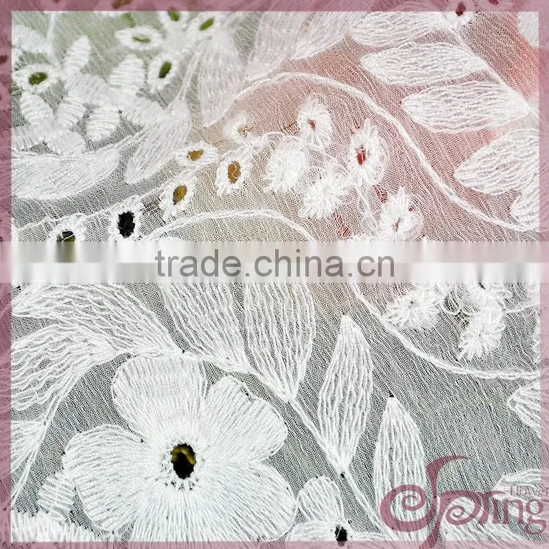 White transparent floral embroidery design cotton lace fabric for dress/ tops/ cardigan