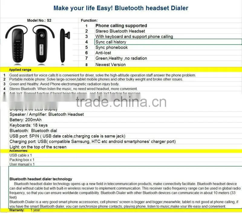 BHNS02 New product electronic GSM Mobile Phone Gadget Bluetooth Headset Dialer