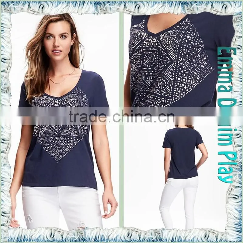 2016 New Designs Wide Open Neck Blue Printing Cotton T Shirts for Sexy Womens