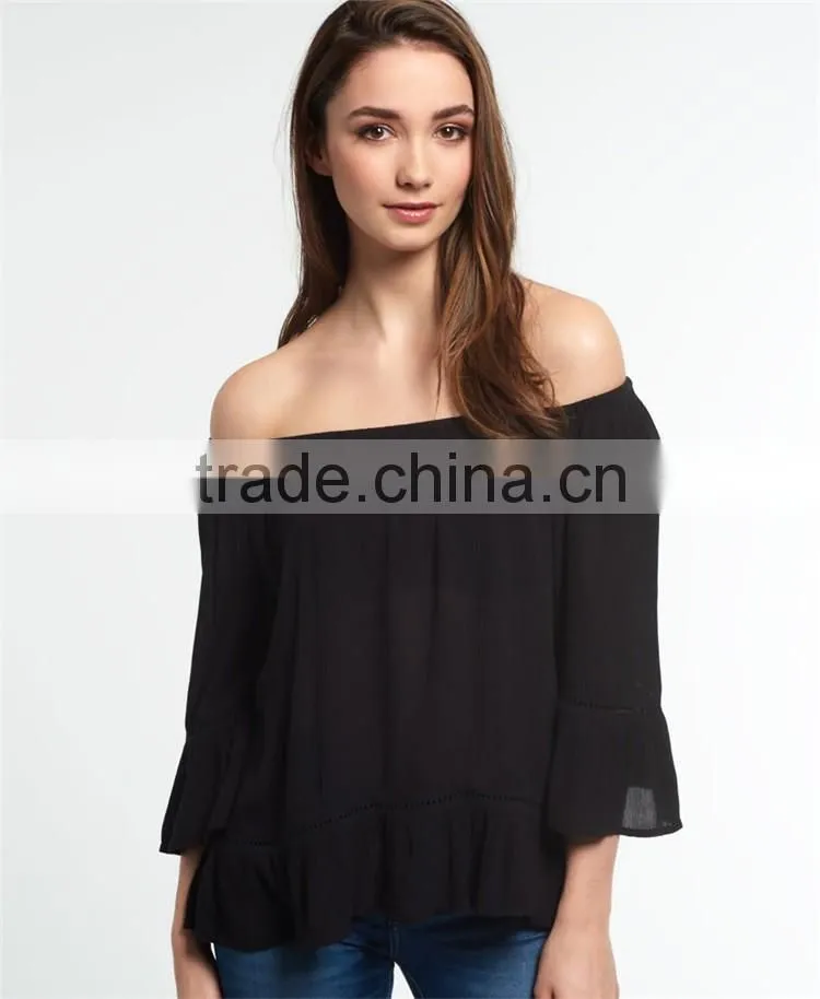 2017 Guangzhou Shandao Latest Fashion Summer Design 3/4 Flare Sleeve Round Neck Printed Loose Ladies Chiffon Tops