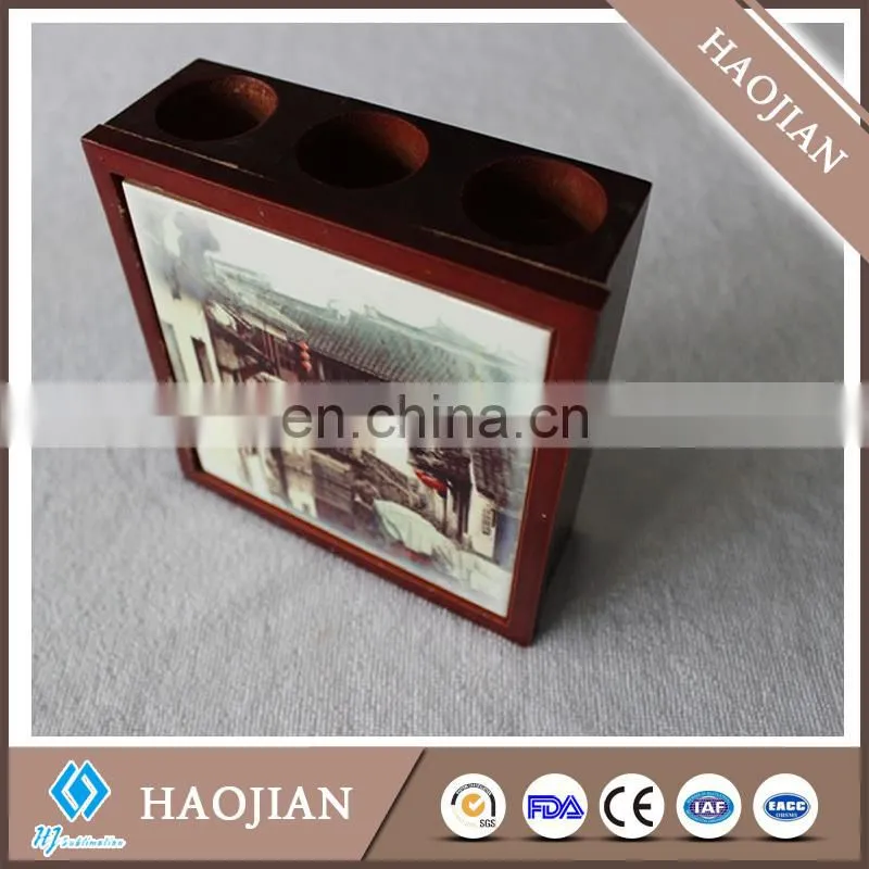 3 round holes wooden pen holder fancy pen holder desktop pen holder with ceramic tile