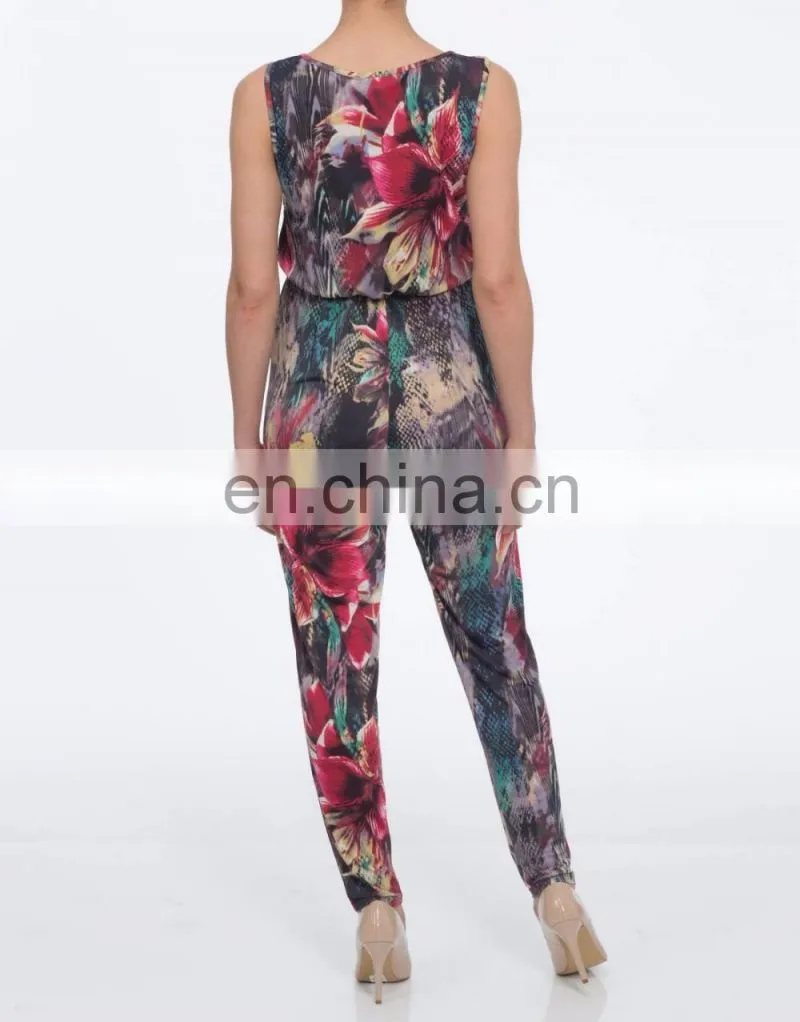 Latest Custom Printed Casual Jumpsuit Lily Floral Printed Sleeveless V Neck Jumpsuit