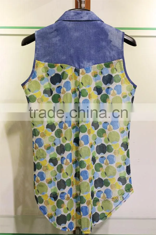 Women's sleeveless two-tone tops with colourful polka dots