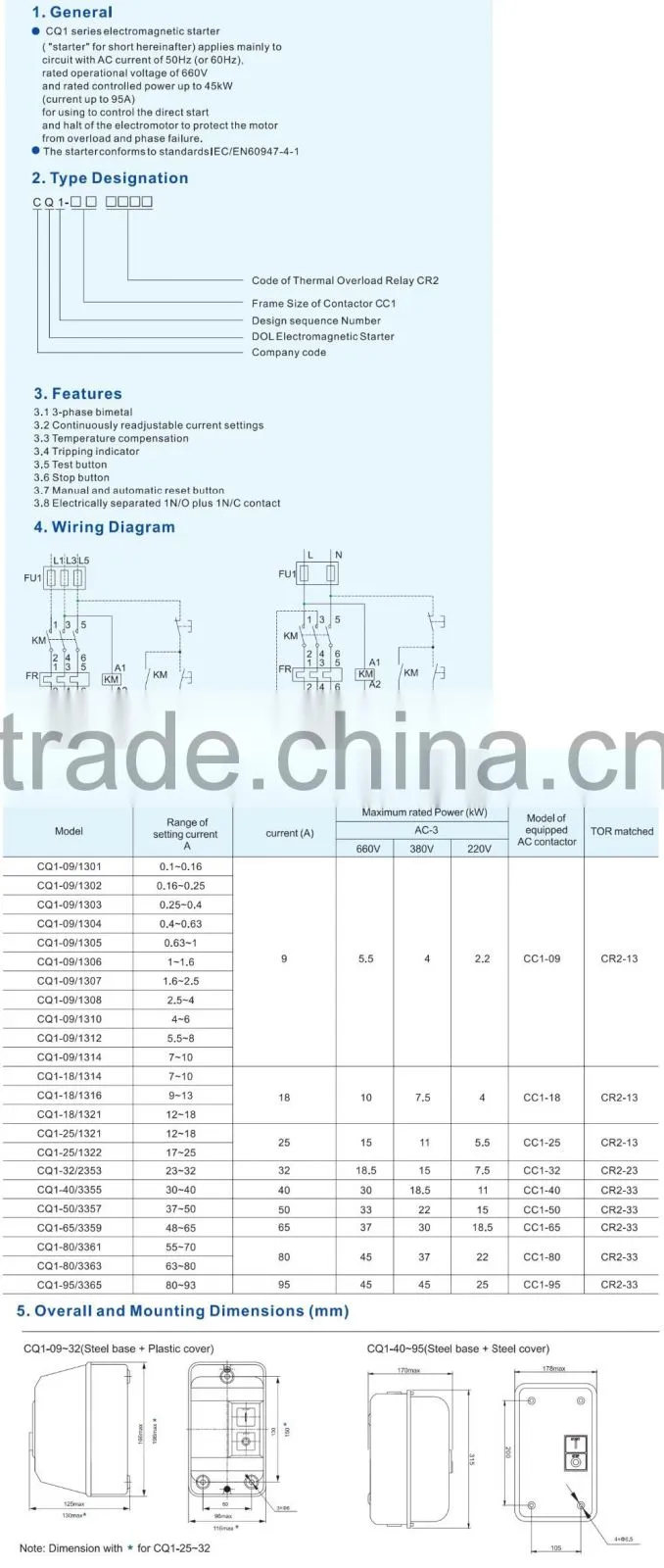 CQ1 Dol Electromagnetic Starter Range of Setting Current 0.4~0.63A CQ1-09/1304