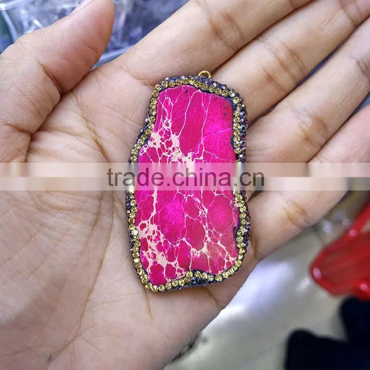 JF6882 Fashion crystal pave freefrom turquoise slab slice pendants