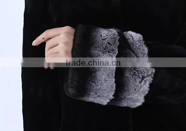 rex14060 short black rex rabbit fur coat chinchilla color trim