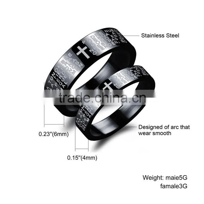 fashion design 2016 black plated cross stainless steel ring engraving