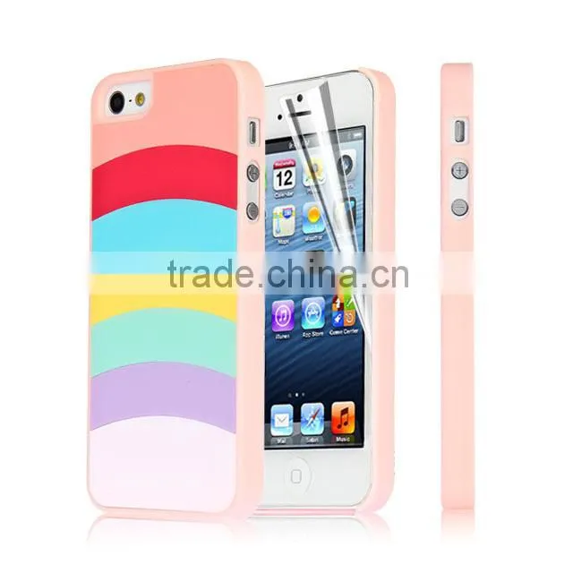 Set Screen Protector And Case For Iphone 5 , Hard Plastic Pink Colorful Stripes Custom Case