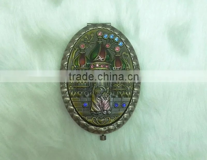 Antique castle cosmetic pocket mirror with rhinestone