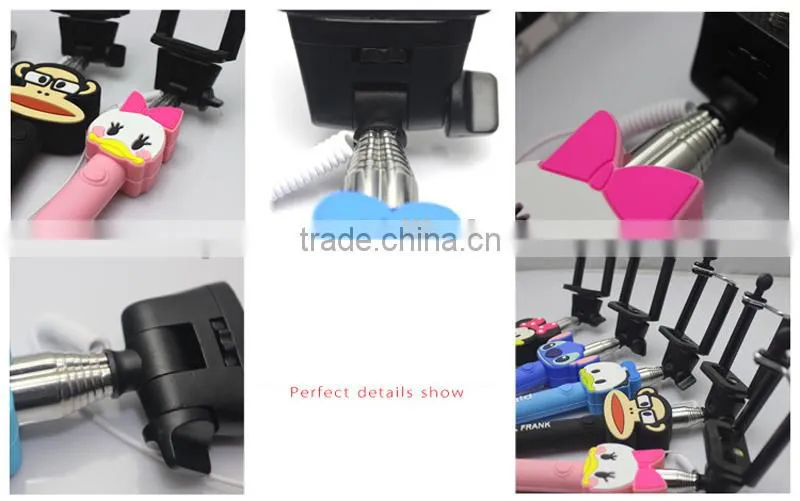 Most popular extendable cartoon selfie stick Wired monopod selfie stick for Smart phones and digital cameras